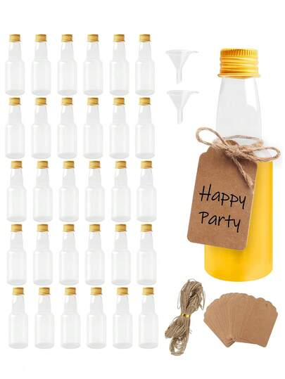 30个迷你酒瓶，2盎司/60毫升密封迷你酒精瓶，小塑料瓶带瓶盖，迷你葡萄酒瓶带漏斗、标签和绳子，适合婚礼、生日派对、新娘送礼会等场合的烈酒瓶。