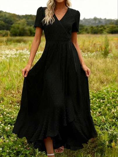 Ladies Solid Color Casual Bohemian Dress With Crossover High Slit To Thigh And Knot Detail, Beach Wear