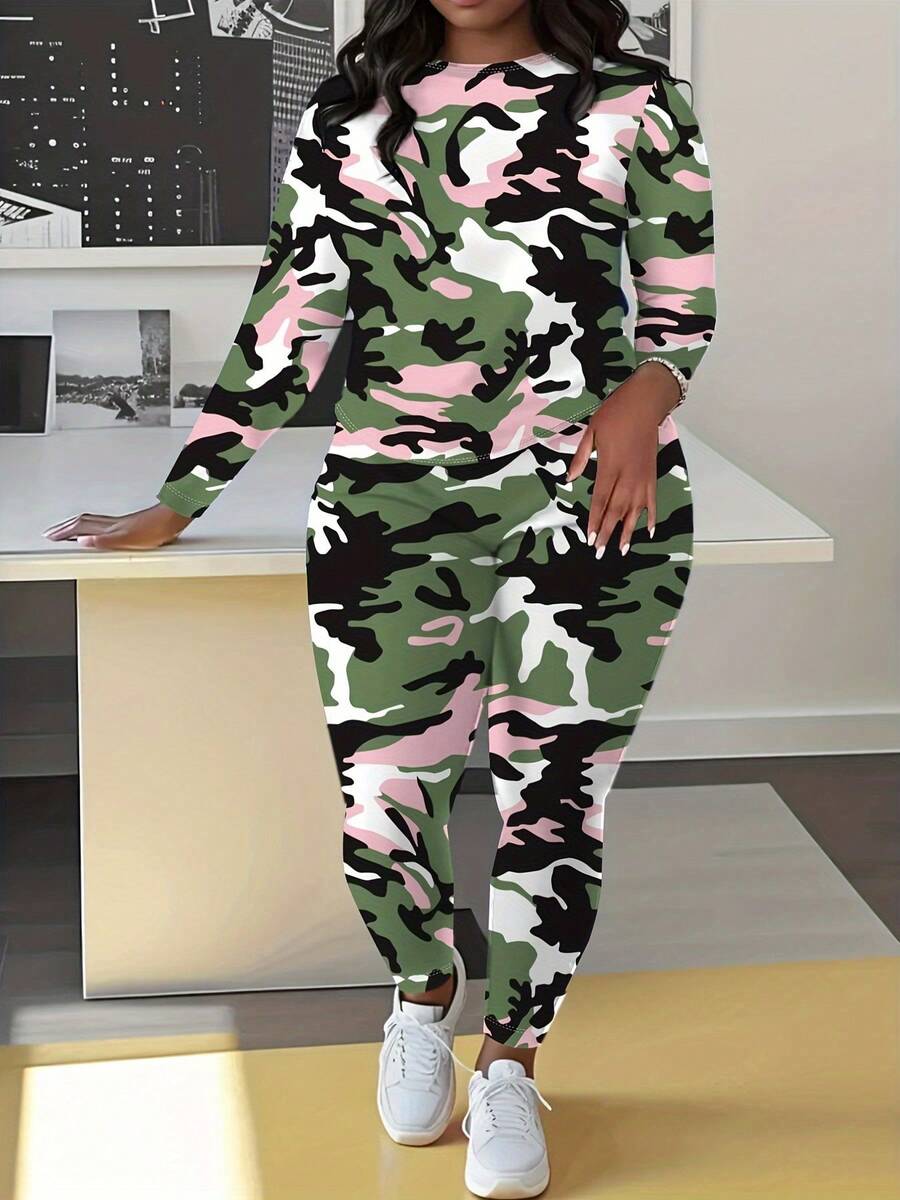 Plus Size Women's Camouflage Tracksuit Set - Full-Body Print Long Sleeve T-Shirt & Jogger Pants With GreenPink Camo Pattern, Relaxed Fit Athletic Outfit For Gym, Casual & Casual Attire, Breathable Comfortable Sportswear (No Visible ZippersSeams) - 風格 - 查看 1