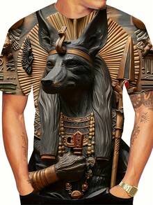 Polyester Blend Egyptian Fox God 3D Printed Men's T-Shirt - Casual Style, Round Neckline, Regular Fit, Animal Pattern - Mixed Colors - View 5