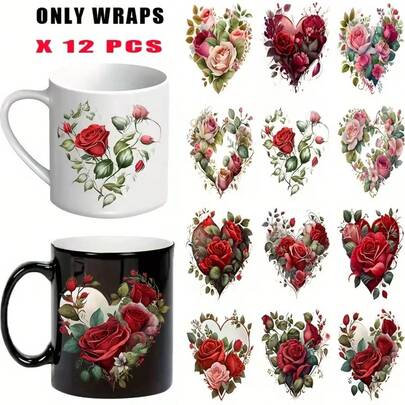 12 st. blommiga hjärtan UV DTF förpackningsdekaler - självhäftande överföringspapper för muggar, glas, flaskor och gör-det-själv-pyssel, PVC-material, romantisk ros- och blomdesign, perfekt för skolmaterial och konstprojekt