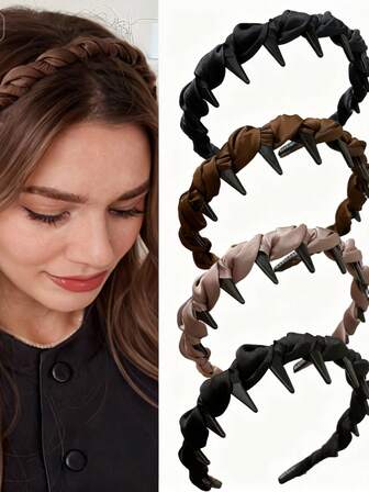 Damvävt pannband, satinmaterial, flätad design med tänder för halkfri användning, lämplig för daglig pendling, dejter, vardagliga utflykter under alla årstider, hårband, diadem, hårring