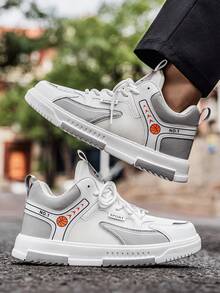 Men's Street Style Basketball Pattern Casual Sneakers, Retro Minimalist PU Mesh Patchwork Shoes For Outdoor, Everyday Wear, Suitable For Teenagers, All Seasons - white ash - View 9