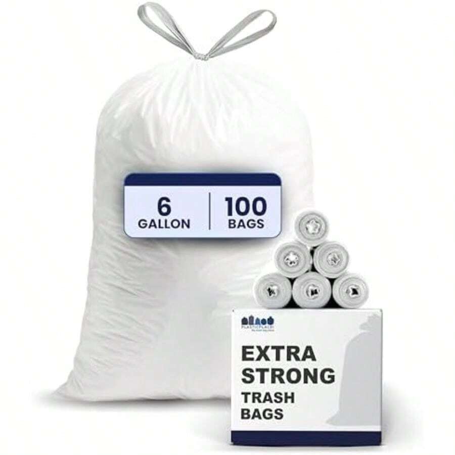 Plasticplace Bolsas de basura de 6 galones, 0.7 mil, forros blancos para cubos de basura con cordón, 17 x 20 pulgadas (100 unidades)(Blanco y gris 100 Unidad (Paquete de 1)) - Multicolor - Ver 1