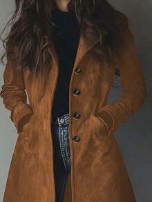 Women's Elegant Solid Color Casual Vintage Suede Trench Coat Jacket - 咖啡棕 - 查看 3