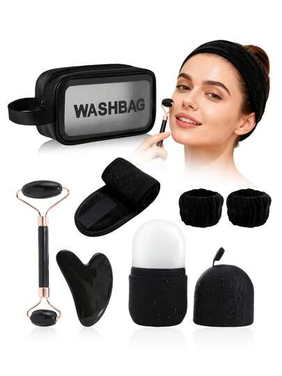 3/4/7pcs Facial Massage Tool Set, Includes Ice Cube Tray, Roller, Gua Sha Board, Headband, Wristband, Convenient Storage Bag, Cosmetic Bag And Toiletry Bag. This Home Beauty Tool Set Is Suitable For Facial Care, Lifting & Tightening, Daily Massage And Skincare. An Ideal Gift For Students, Women, Mothers And Sisters.
