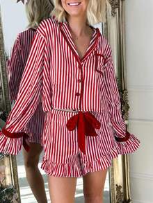¡Mejora tu estilo de ropa de estar por casa con nuestro conjunto de manga larga y pantalones cortos a rayas verdes en tallas S, M, L y XL - Rojo - Ver 1