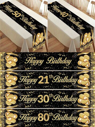 1pc 180cm X 35cm Black & Gold 50th Birthday Tablecloth, Birthday Party Table Decor, Suitable For 40th, 18th, 21st, 30th, 40th, 50th, 60th, 70th, 80th, 90th Birthday, Christmas, Valentine''s Day