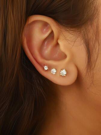 3对/套 女士优雅锆石耳钉，时尚百搭，适合日常佩戴、聚会、节日送礼