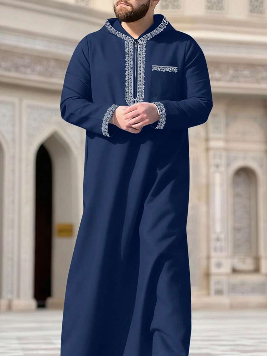 New Moroccan Men's Robe, Long Sleeve Embroidered Hooded Design, Muslim Men's Abaya, Islamic Loose Men's Jellaba, Traditional Saudi Arabian Clothing - Blue - View 1