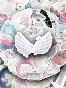 50张卡通奇幻翅膀贴纸，可爱Y2K美学贴纸套装，复古水彩时尚ins贴纸，剪贴簿贴纸，防水乙烯基贴纸，散装，适用于水瓶、滑板、行李箱、笔记本电脑、保险杠、主题派对用品 - B - 查看 3