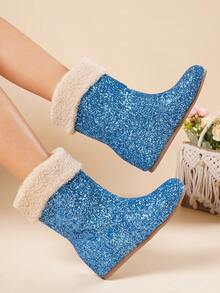 2cm Platform Glitter Snow Boots For Women, Mid-Calf, Thermal Lined, Warm, Flat Sole, New For Winter 2026 - Blue - View 11