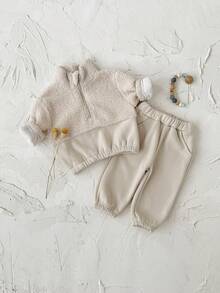 2pcs/Set Baby Boys/Girls Casual Color Block Sherpa Fleece Zip-Up Hoodie And Pants Thick Warm Set, Winter - Apricot - View 10