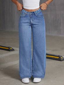 Tween Girls' Loose Fit Casual Comfortable Solid Color Straight Leg Wide Leg Jeans - Blue - View 3