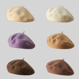 1pc Solid Color Wool Beret Hat, Versatile Winter Beanie Cap For Women, Retro Artist Style