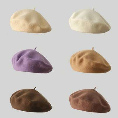 1pc Solid Color Wool Beret Hat, Versatile Winter Beanie Cap For Women, Retro Artist Style