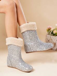 2026 Winter New Sequin Lining Snow Boots For Women, Mid-Calf, Thick Sole, Versatile - Silver - View 10