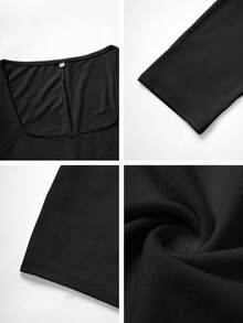 Vaiaye Women's Square Neck Solid Color Minimalist Romper - Slim Fit Long Sleeve Cropped Black - Black - View 11