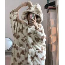 Áo choàng tắm hình gấu hoạt hình dễ thương, áo choàng tắm dài tay bằng vải lông cừu san hô, đồ ngủ mềm mại ấm áp, áo choàng tắm có mũ trùm đầu dùng ở nhà, đồ dùng phòng tắm, đồ mặc nhà thoải mái, cần thiết cho mùa đông, phong cách thường ngày sinh viên. - Nhiều màu - Xem 5