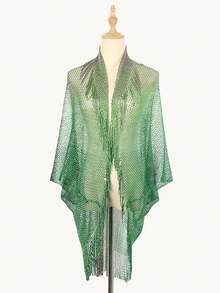 1pc Women's Colorblock Solid Mesh Breathable Versatile Tassel Fashion Beach Pool Bikini Cover Up Shawl