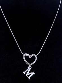 1 pieza Collar con colgante de corazón y 26 letras de estilo minimalista y elegante, joyería de mujer adecuada para uso diario, regalo perfecto para seres queridos - Plateado - Ver 25