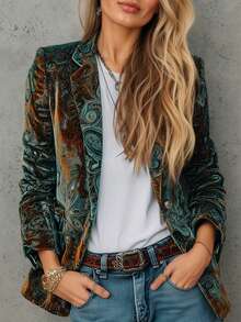 女士优雅复古绿色花卉印花缎面西装外套，春秋季 - 墨綠色 - 查看 3