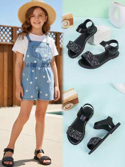 1 par de sandalias planas con tira de PU con brillo y hebilla, abiertas de dedo, para niñas pequeñas y tallas grandes, cómodas y antideslizantes, adecuadas para estudiantes de 3 a 15 años, uso diario, casual y de viaje, primavera/verano