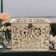 1pc Wedding Money Box Stand With Sign, Large Rustic Wooden DIY Envelope Gift Card Box With Lock & Slot, Suitable For Reception, Anniversary, Graduation, Birthday Parties,Christmas - Wood Color - View 5