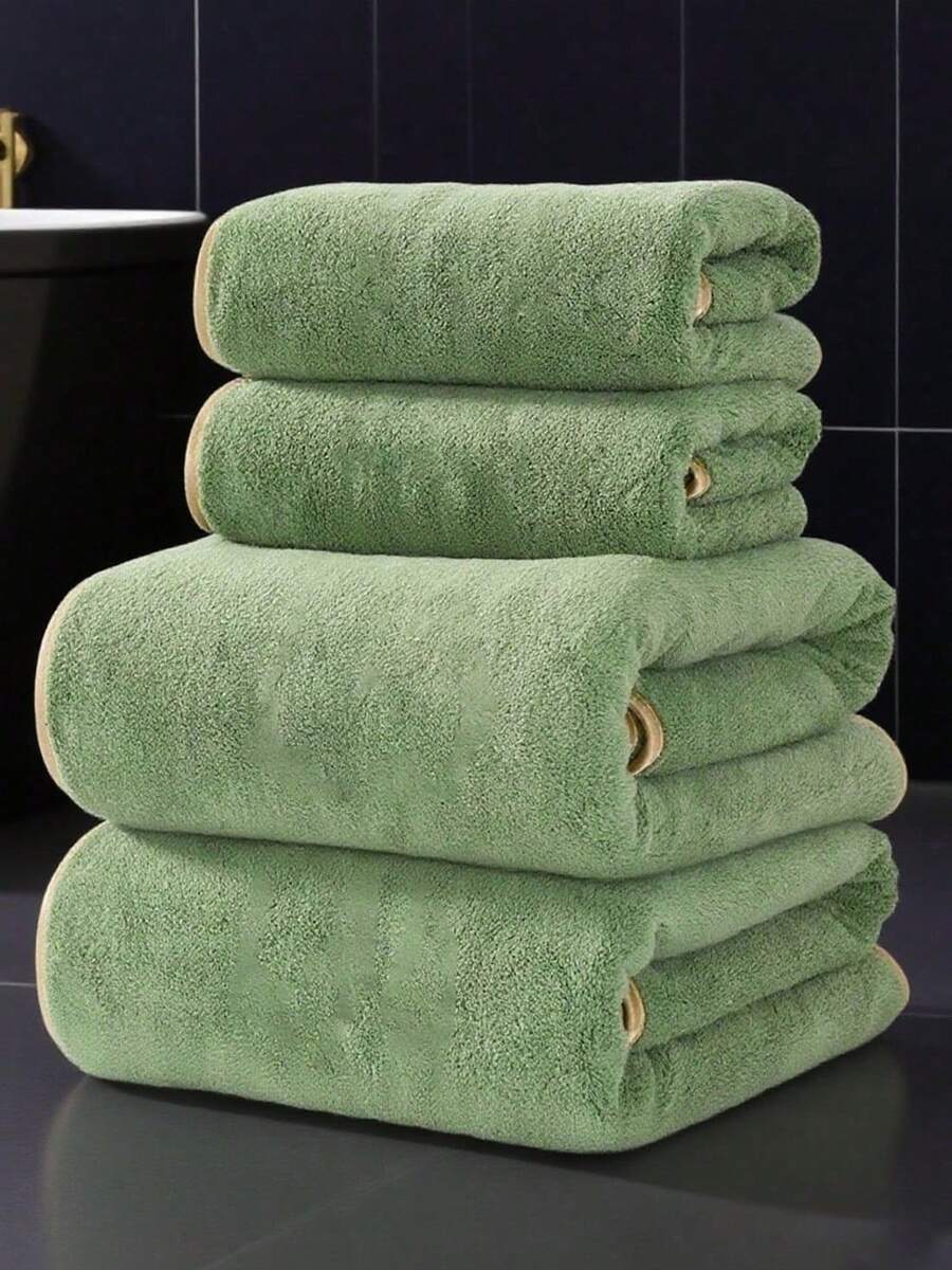 1pc/2pcs Luxury Gold Trim Coral Fleece Super Soft & Absorbent Bath Towel, Quick Dry, Non-Shedding, Sauna Towel, High Quality, Durable Bathroom Accessory, Best Gift For Partner - Green - View 1