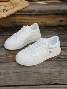 新款女士白色休闲运动鞋，轻便、软底、稳固、厚底、低帮系带圆头，运动鞋，时尚校园风跑步鞋 - 灰色 - 查看 4