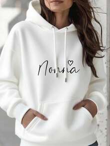 Nonna Heart Print Design Graphic Print Long Sleeve Drawstring Fleece Hoodie Pullover Pocket Sweatshirt For Women, Casual Oversized Long Sleeve Fashion Streetwear Pullover Black White Options, Winter Clothes, Suitable For Parties, Outdoor Activities, And Leisure - trắng - Xem 2
