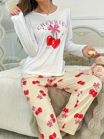Pyjamasset med långa ärmar och byxor i tecknat tryck för kvinnor, nattkläder