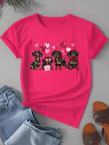 Dachshund Dog Valentine Hearts Balloons Love Cute Animal Print T-Shirt For Women Casual Summer Top White - 粉色 - 查看 2