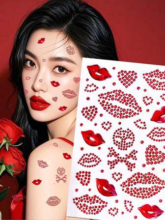 这款红色嘴唇和爱心图案的身体贴纸饰有闪亮的水钻，非常适合节日、派对和拍照。它们易于粘贴和移除，为您的造型增添迷人光彩。