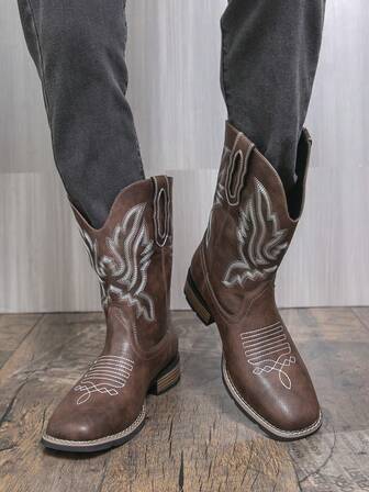 Men's Retro Western Embroidered Decor Square Toe Fashion Motorcycle Boots, Western Cowboy Boots
