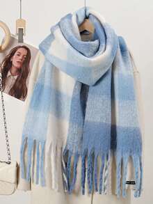 1pc Women's Light-Colored Plaid Cashmere Scarf, Blue & White Checkered Fuzzy Tassel Scarf Shawl, Suitable For Keeping Warm And Decoration, Can Be Given As Christmas Gift - Blue and White - View 5