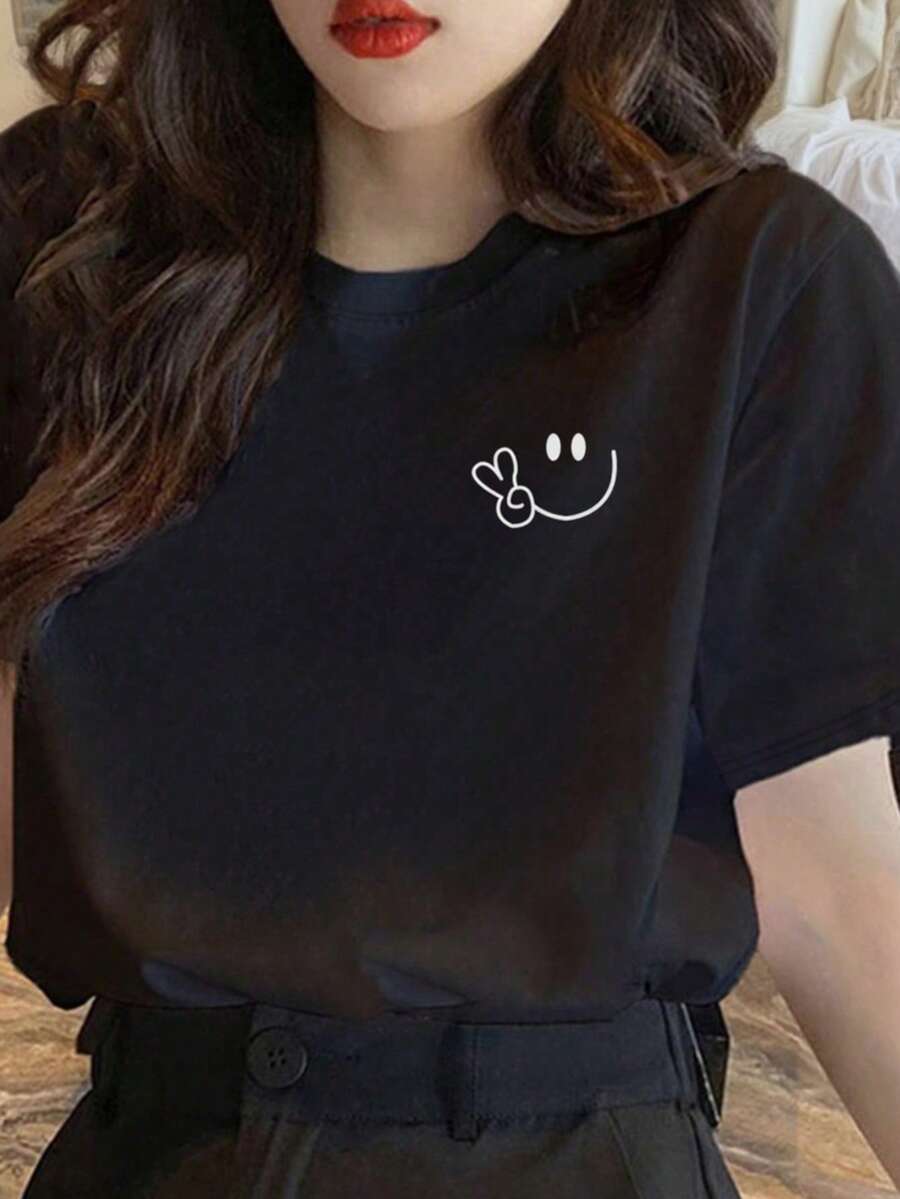 夏季新款休闲百搭女式趣味图案圆领短袖 T 恤
