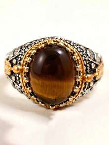 1 件男士时尚复古天然棕色绿松石戒指，适合婚礼、订婚、派对的珠宝 - 銀色 - 查看 8