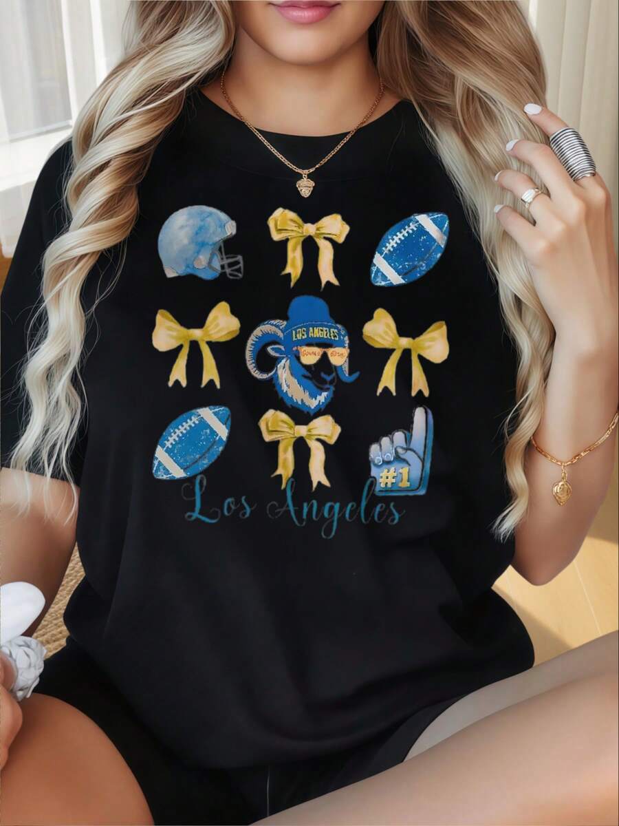 Los Angeles Football Fan T Shirt With Bow And Helmet Design For Women Casual WearFun Printed T-Shirt For Women With Round Neck And Short Sleeves, Suitable For Christmas Partiessports Activitiesholiday Partiesoutingssports And Other Holiday Gifts. - 黑色 - 查看 1