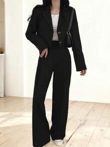 2 件套女士薄款休闲商务装纯色短款长袖夹克和裤子套装