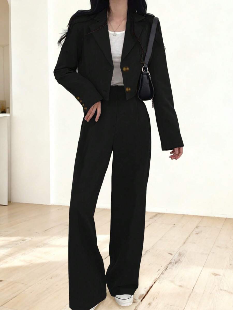 2 件套女士薄款休闲商务装纯色短款长袖夹克和裤子套装