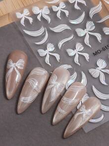 Autocollants pour ongles en 3D avec nœud en gelée embossé Aurora - Décalcomanies à paillettes auto-adhésives avec un nœud de ruban blanc étincelant, convenant pour les mariages, les rendez-vous et le nail art fait maison pour les femmes et les filles. Décorations et accessoires de haute qualité pour les ongles - Multicolore - Voir 4