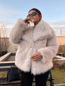 Seelio Autumn/Winter New Thick Faux Fur Collar Faux Fur Lined Mid-Length Fashionable Fur Effect Short Coat