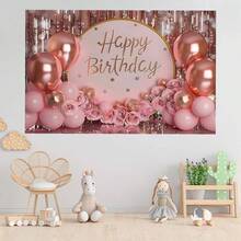 1 Stück rote Rose Gold Geburtstag Hintergrund - Polyester Party Flagge, Innen-/Außendekoration, funkelnde Kuchentisch Flagge, Kameraraum, Party Zubehör, Heimdekoration