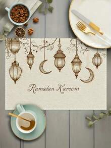 6/4/1 Ramadan Kareem Placemat With Moon Lantern Print Pattern, Washable, Suitable For Kitchen Table Decoration, Restaurant Decoration, Outdoor Table Decoration, Festival And Party Supplies During Ramadan Themed Festivals, Practical As A Gift. - Multicolor - View 4