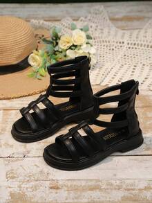 1双女童夏季时尚罗马凉鞋，软底防滑，后拉链设计沙滩鞋 - 黑色 - 查看 1