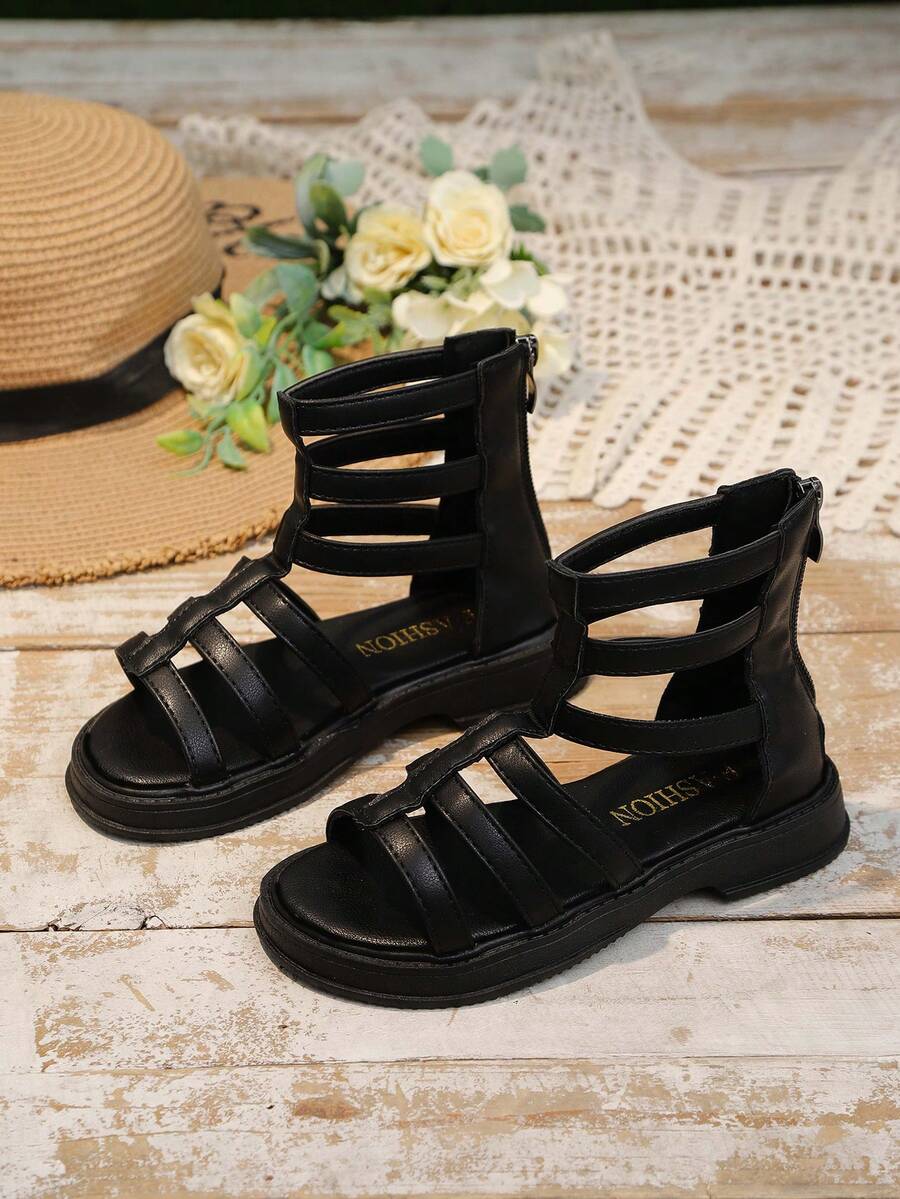 1双女童夏季时尚罗马凉鞋，软底防滑，后拉链设计沙滩鞋 - 黑色 - 查看 1