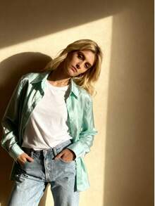 Women's Fashion Long Sleeve Shirt Collar Shirt Front Button Woven Fabric Regular Fit Blouse - Green - View 6