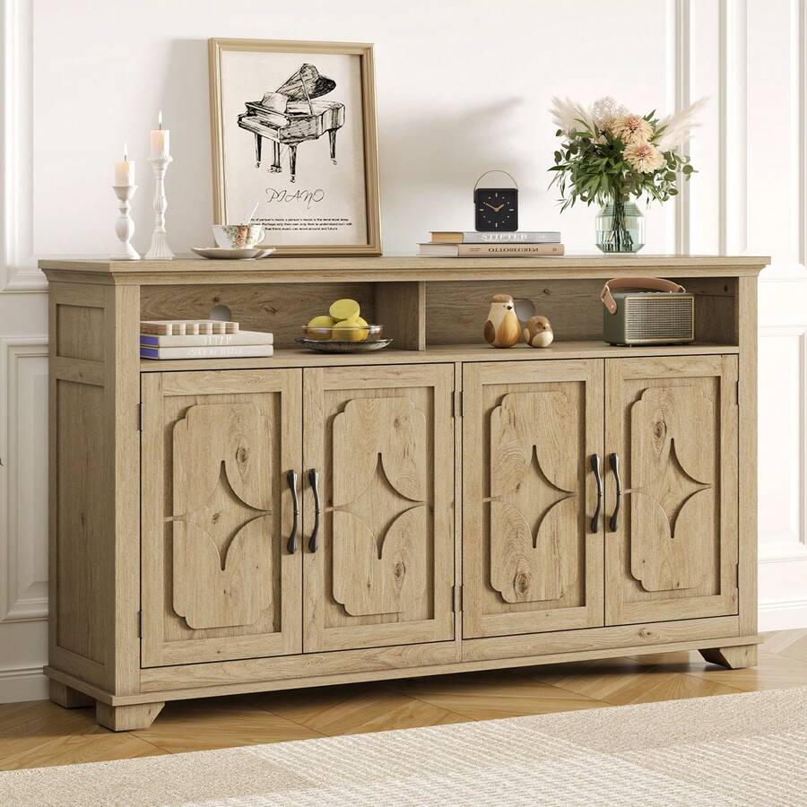 Natural Sideboard Buffet Cabinet , Mid-Century Modern 4 Door Natural Console Table Storage Cabinet , Open Storage Shelf  With Adjustable Shelves, 60 Inches Coffee Bar Cabinet Table For Kitchen,  Living Room - Camel - View 1