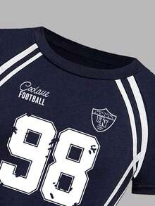 Tween Girls' Numeric Print Asymmetric Shoulder Short Sleeve Top And Pants Set - Royal Blue - View 3